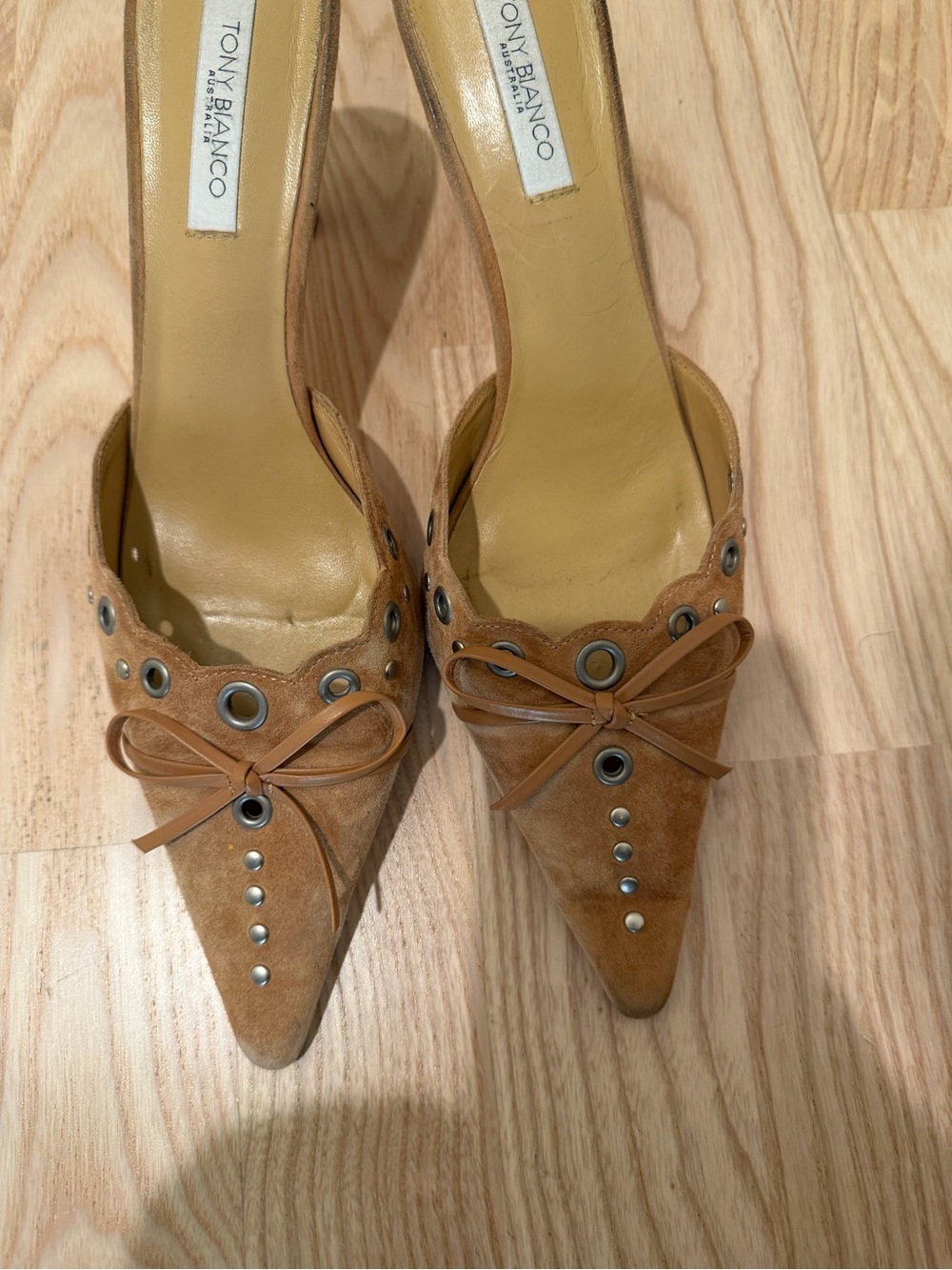 Tony Bianco Tan Suede Pointed Toe Heels with Grommet & Bow